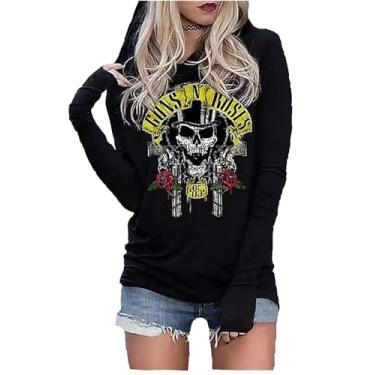 Imagem de BOMYTAO Camiseta feminina com capuz e caveira Guns N' Roses com estampa de esqueletos de manga comprida vintage rock, Preto - 3, GG