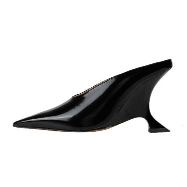 Imagem de Arqa Sandálias femininas de salto de couro metálico com bico fino e salto anabela, sandálias deslizantes, salto mule elegante, Preto, B, 9