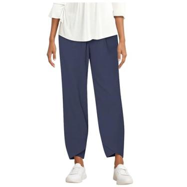 Imagem de Calça capri feminina de linho casual de verão calça cropped leve calça palazzo larga macia calça com bolsos, #A1-azul-marinho, 3G