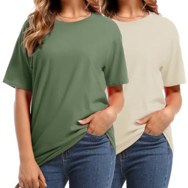 Imagem de ALRRGPB Camiseta de algodão feminina gola redonda manga curta básica plus size com 5GG multipacks, Verde militar/bege, P