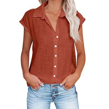 Imagem de Camisas femininas de linho com botões, caimento solto, manga cavada, gola leve, para o verão, blusas casuais elegantes, Vermelho enferrujado, P