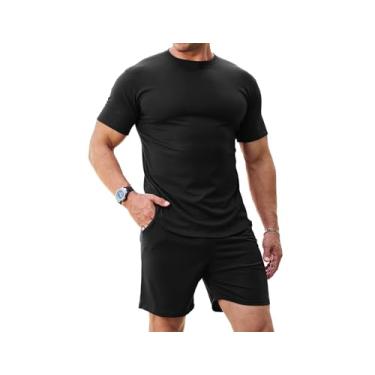 Imagem de Uni Clau Conjunto de 2 peças masculinas, conjunto de camisetas de manga curta com cordão, conjunto de agasalho atlético para jogging, Preto, G