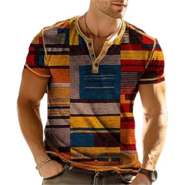 Imagem de Camiseta masculina casual de manga curta com botões Henley Patchwork Color Block para verão, J46tf3g20231311s, M