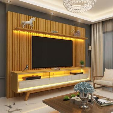 Imagem de Rack Com Painel Para Tv Até 85 Polegadas Led 3 Gavetas Com Pés Nobre Clean Gelius Móveis Naturale/Off White