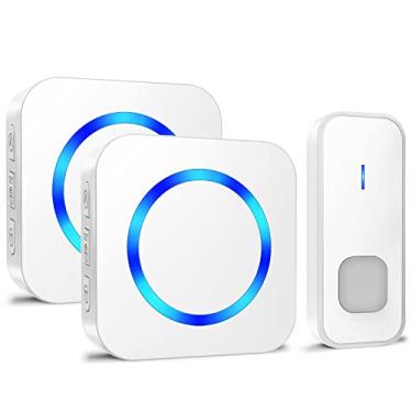 Imagem de Campainha sem fio, botão operado por bateria, 2 receptores plug-in à prova d'água, campainha de porta com alcance de 396 m, 55 toques, 5 níveis de volume ajustáveis, campainhas com flash de LED para