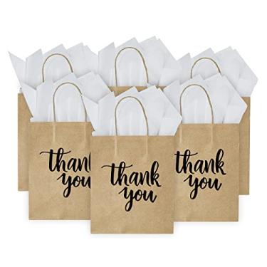 Imagem de DjinnGlory 50 Sacos de Papel Kraft Médio Marrom com Alças 10X8X4" e 24 Papel de Seda Branco para Pequenas Empresas, Boutiques, Compras, Casamento, Chá de Bebê, Lembrancinhas de Aniversário