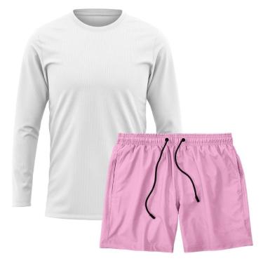 Imagem de Kit Short Praia Academia Passeio Treino Rosa + Manga Longa Masculina Segunda Pele Dry-Masculino