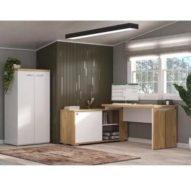 Imagem de Kit 2 Peças com Escrivaninha em L com Porta de Correr e Armário Alto Multiuso Olmo/Branco