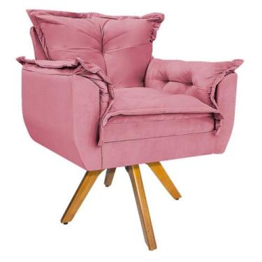 Imagem de kit Poltrona e Puff Apolo Base Giratória de Madeira Suede Rosa Bebê - 