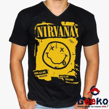 Imagem de Camiseta Nirvana 100 Algodão Rock Geeko, Preto gola v, M
