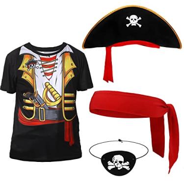 Imagem de Conjunto de fantasia de pirata de 4 peças engraçado camisa de cruzeiro no Caribe chapéus de pirata bandana remendos de olho de pirata para o dia das bruxas, conforme mostrado na imagem., G