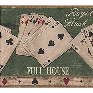 Imagem de CONCORD WALLCOVERINGS ™ Papel de parede Border Gambling Pattern Cartas de pôquer na mesa de jogo para sala social, sala de estar, verde, vermelho, bege, preto, marrom, 18,8 cm x 3,5 m 5813120