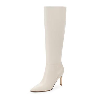 Imagem de Easyfox Botas de cano alto femininas bico fino, salto alto de 7 cm, botas longas com zíper lateral, vestido de cano alto, Bege branco, 40