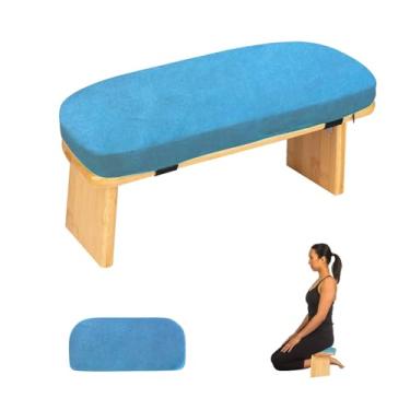 Imagem de Banco de meditação com almofada dobrável e ergonômico banco de joelhos de bambu banco de madeira para meditação cadeira zen lótus yoga banco de chão sentado oração travesseiro removível (azul coral)
