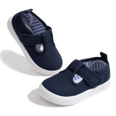Imagem de Sonsage Tênis infantil de lona para meninos e meninas, sola macia, com tira em T, leve, confortável, clássico, sapatilha, antiderrapante, para crianças pequenas, A01 Azul escuro, 9 Toddler