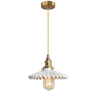 Imagem de OIUSQBH Luminária Pendente Vintage Plissada de 7,8" com Abajur de Cerâmica Branca E26 Suporte de Lâmpada de Latão Pendurado Luz de Teto para Ilha de Cozinha, Quarto, Casa de Fazenda