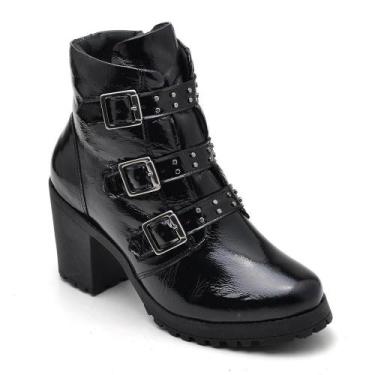 Imagem de Bota Coturno Feminino Salto Tratorado Fivela Versátil - Q&A, 35, Preto