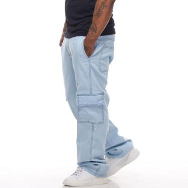 Imagem de Calça Masculina Cargo Jeans Larga  Cos Elástico Cordão Skatista - Mitc