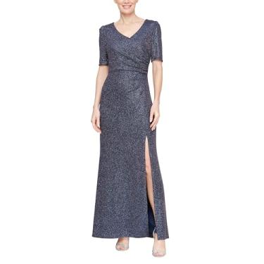 Imagem de Alex Evenings Vestido feminino longo de manga 3/4 formal para eventos com cintura amarrada (tamanhos pequeno e regular), Azul marinho/dourado metálico, 40