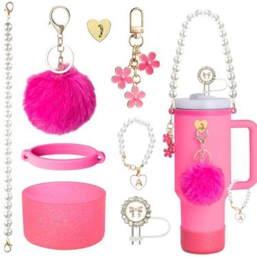 Imagem de Conjunto de acessórios de copo Stanley, bota de copo brilhante, alça de alça de garrafa de água de pérola branca e capa de palha de pérola, pingentes de chaveiro, decorações de copo para acessórios