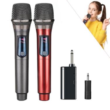 Imagem de Microfone duplo sem fio recarregável de 2,4 G, microfone dinâmico sem fio, adequado para karaokê, casamentos DJ, festa, discurso, igreja, uso em sala de aula, sistema PA, 61 m, cinza e vermelho