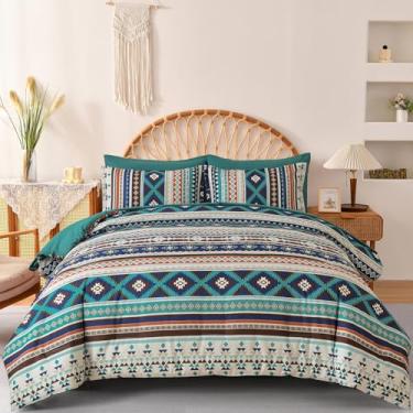 Imagem de Dinjoy Conjunto de cama boêmio boêmio com 7 peças, edredom boêmio listrado verde e azul boêmio com lençol geométrico fofo para mulheres e homens, 224 x 264 cm