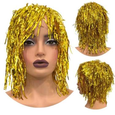 Imagem de Peruca metalizada festa fantasia carnaval franja dourado - LIONSWIG