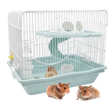 Imagem de MUYG Gaiola de hamster portátil de 2 níveis e habitats, gaiolas de metal para mouse de viagem com garrafa de água grátis, casas e roda de exercícios para qualquer raça de hamster e animais pequenos