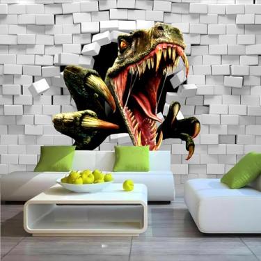 Imagem de Lcythiazole Papel de parede de dinossauro de tamanho personalizável grande 3D dinossauro quebrando a parede tiranossauro Rex com boca aberta para sala de estar quarto de meninos