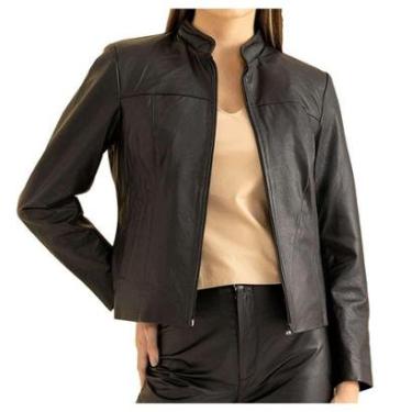Imagem de Jaqueta Feminina Javali Couro Gola Padre Preta - 1180211-Feminino