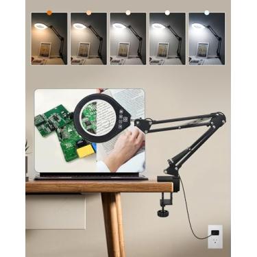 Imagem de Lupa com luz, vidro real 10X e 5X e lente antirreflexo, 5 modos de cores, lâmpada de LED regulável contínua, luminária de mesa mãos-livres com grampo para artesanato e reparo de leitura, hobby (branca