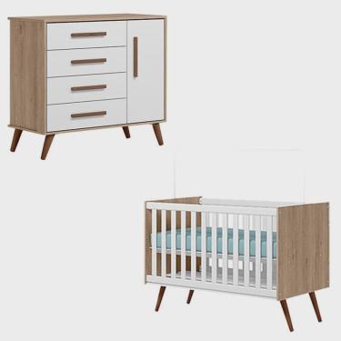 Imagem de Berço Americano e Cômoda Infantil Q Encanto Retrô Carvalho Rústico Branco - Qmovi