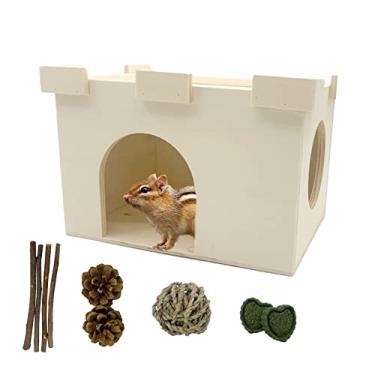 Imagem de MUYG Casa de madeira de hamster, porquinho-da-índia, esconderijo de madeira, chinchila, cabana natural, brinquedos de animais pequenos, grande espaço, refúgio, habitat, decoração para ouriço, rato