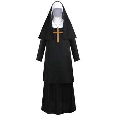 Imagem de GRAJTCIN Fantasia de freira de Halloween para mulheres, tamanho grande, 4 peças, vestido de cosplay para mãe, hábito de freira assustador, Estilo 2 - Preto, XXG