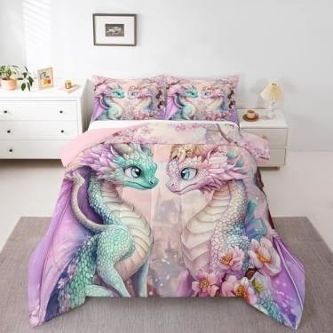 Imagem de Conjunto de edredom casal de dragão ocidental, tamanho queen, para crianças, flor de cerejeira japonesa, todas as estações, pastel, rosa, castelo, conjunto de colcha, decoração de quarto, edredom de