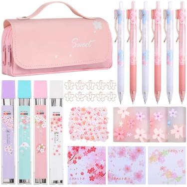 Imagem de Conjunto de 74 peças de artigos de papelaria Kawaii flor de cerejeira japonesa, bolsa de lápis Kawaii, lapiseira, borrachas de cerejeira, refil e adesivos para lembrancinhas de festa no escritório da escola