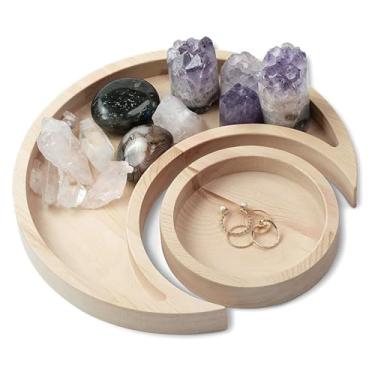 Imagem de Suporte de cristal grcfumo, bandeja de design de lua com exibição redonda de prato, bandeja de cristal de madeira para ceducios de cura e organizador de cristais