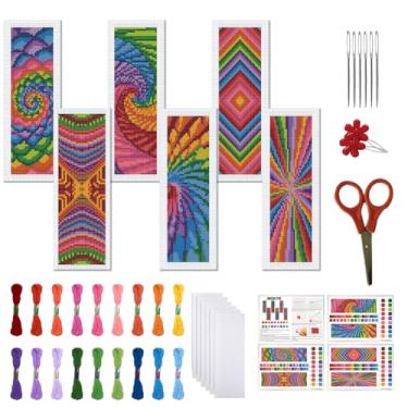 Imagem de FREEBLOSS Conjunto de 6 kits de marcadores de página de ponto cruz, kit de bordado estampado com estampa de flores, marcadores de livro faça você mesmo, kits de ponto cruz com instruções para