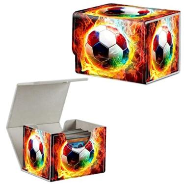 Imagem de BEOTIWAD Caixa de baralho de cartas de 10,5 x 7,8 x 8,3 cm, caixa de armazenamento de cartas colecionáveis com ímã forte, capa de armazenamento para cartas mágicas TCG CCG, bola de futebol flamejante