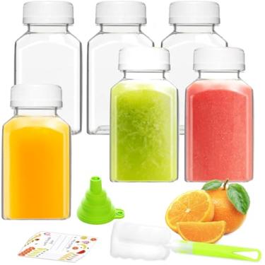 Imagem de ztarraum 6 garrafas de suco de plástico de 118 ml, recipientes de suco reutilizáveis com tampas pretas à prova de adulteração, escova, funil e etiquetas, garrafas de suco transparentes para sucos
