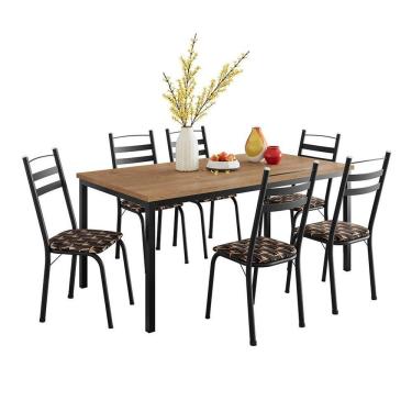 Imagem de Conjunto de Mesa Retangular com Tampo de MDP Amadeirado e 6 Cadeiras Adriana III Revestimento Sintético Palha e Preto