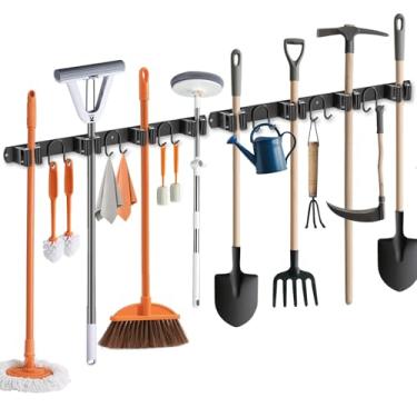 Imagem de GUUKAR Suporte de parede para vassoura, 2 pacotes de organizador de ferramentas de aço inoxidável preto para cozinha, jardim, garagem, lavanderia, banheiro e trailer, com 4 compartimentos, 6 ganchos
