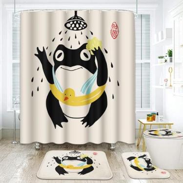 Imagem de ArtSocket Conjunto de banheiro de sapo engraçado com cortina de chuveiro, tapetes e acessórios, estilo asiático, arte tradicional japonesa, borracha, pato fofo, animal, retrô, bege, cortina de