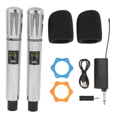 Imagem de Microfone sem fio UHF Dual Handheld Mic Dynamic Mic System com receptor para a festa de discurso de karaokê cantando 100m Range (Prata)