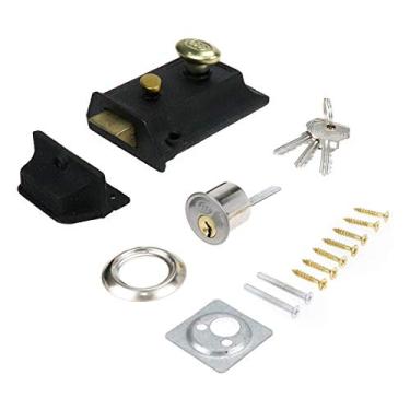 Imagem de Trava noturna de Bitray, fechaduras antifurto com chaves, trava de mola, trava de segurança tradicional para porta de porta, trava de porta de madeira vintage, trava de porta de segurança dupla para seguro, preto