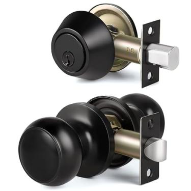 Imagem de CML Hardware Conjunto combinado de fechadura de porta e maçaneta de passagem com chave, fechadura de cilindro único com chaves e maçaneta sem travamento para porta externa e interna, preto fosco, 1