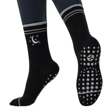 Imagem de COOLMATE Meias de Pilates bordadas para mulheres, lindas meias aderentes para ioga, meias antiderrapantes para pilates, ideia de presente, Lua estrela preta, 6-10