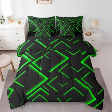 Imagem de jejeloiu Edredom solteiro listrado verde e preto, 7 peças, geométrico, abstrato, ombré, moderno, simples, arte em uma bolsa, inclui edredom, conjunto de lençóis, fronhas e fronhas