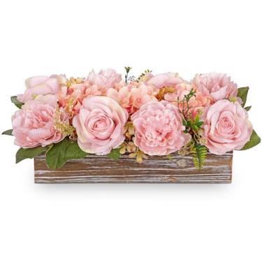 Imagem de Arranjo de flores com vaso de madeira flores artificiais em vaso de 35,5 cm - flores falsas rosas peônias hortênsias em vaso de madeira em vaso de flores artificiais centros de mesa para decoração de
