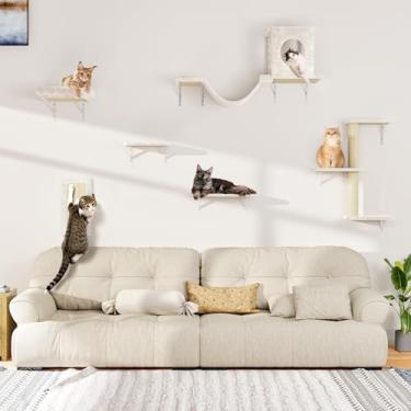 Imagem de NUNU LAB Móveis para gatos montados na parede, 6 peças de prateleiras de parede para gatos com casa de condomínio, ponte, degraus, arranhador, rede, móveis internos seguros e estáveis para brincar com